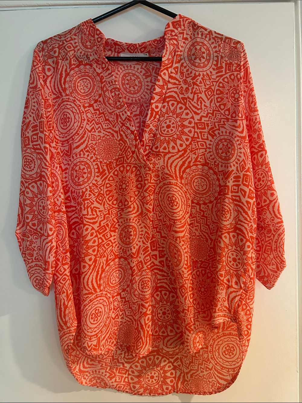 Lush Coral & White Patterned V-Neck Blouse